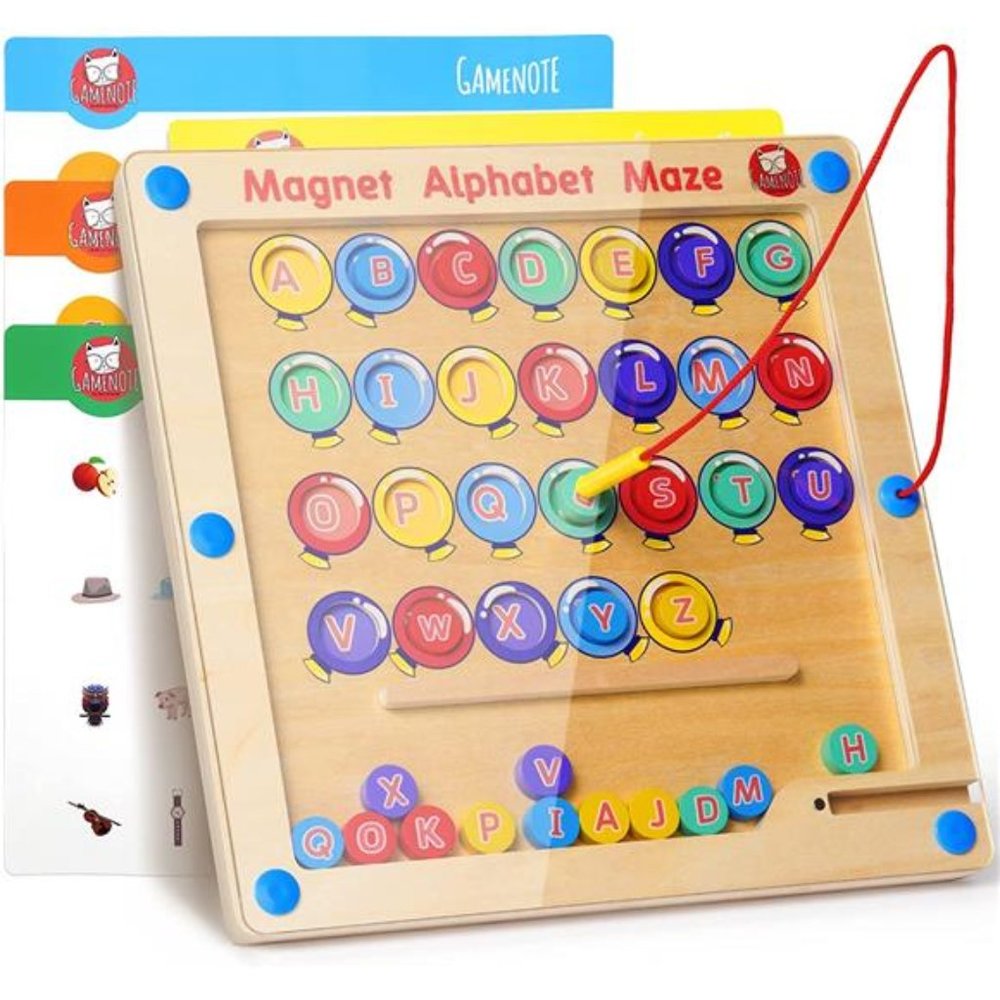 Magnetic Alphabet Maze Board with 4 Activity Cards, Wooden Matching Letter Game
